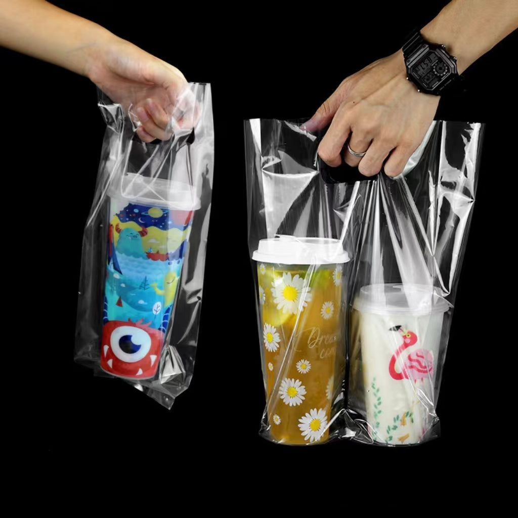 Disposable Bubble Tea-Coffee Plastic Carrier Bag Clear - 12microns 50pcs