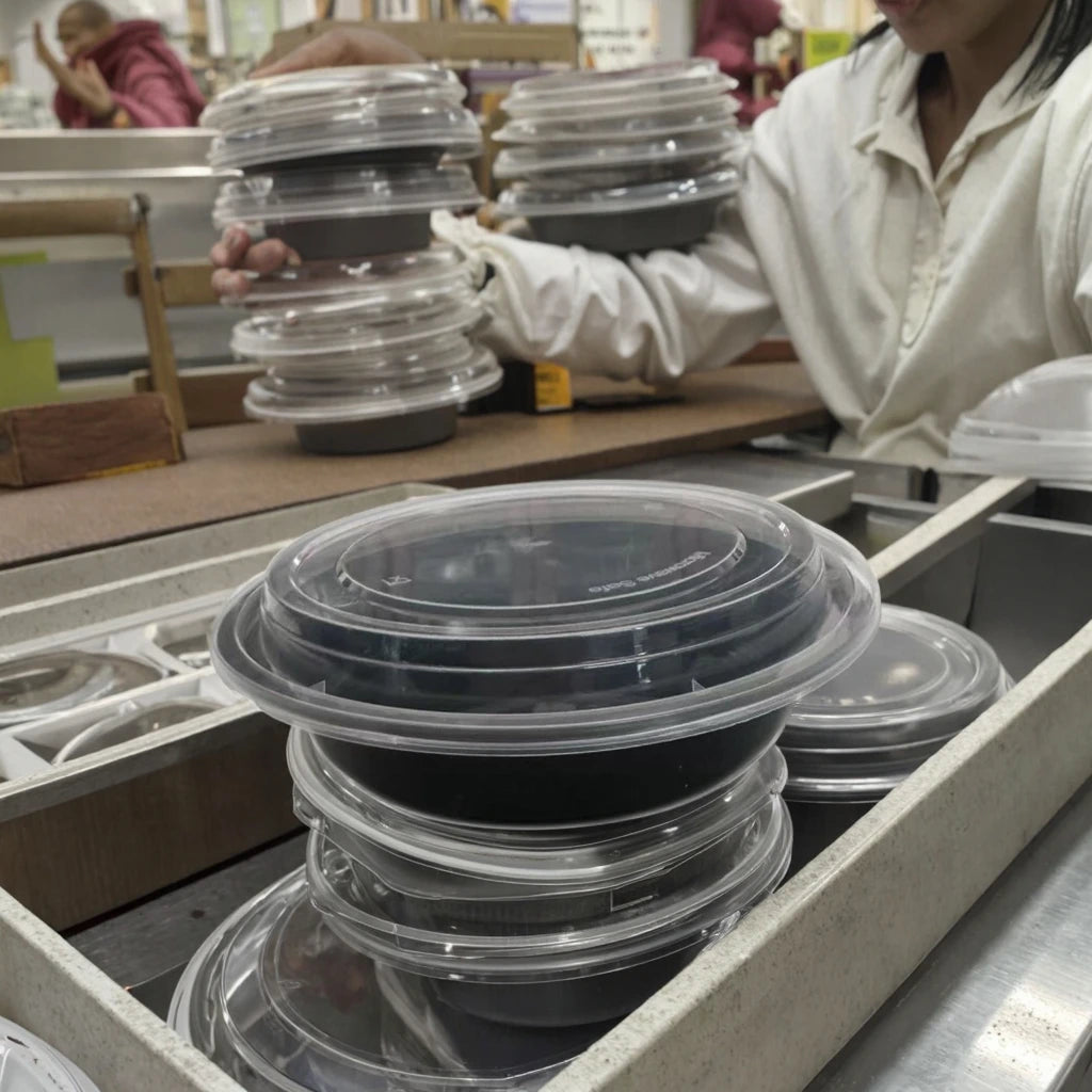 Microwavable Takeaway Food Bowl - Black Base Round PP Plastic Container Lunch Box with Lid 10pack