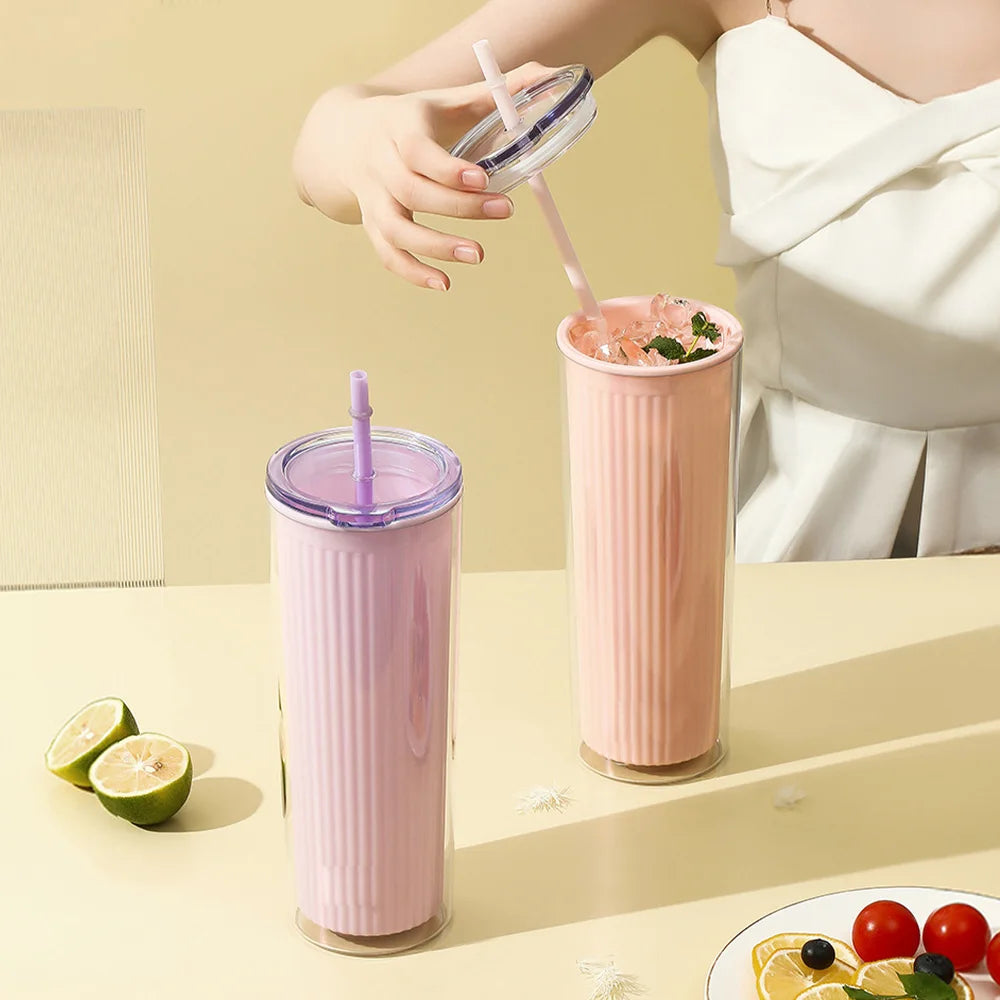 720ml Acrylic Drinking Tumbler Bottle with Lid & Straw 23x9cm