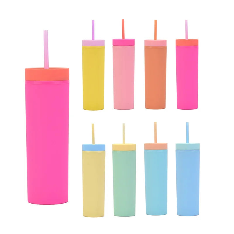 473ml Skinny Drinking Tumbler Acrylic Reusable with Inverted Color Lid and Straw 7x21cm