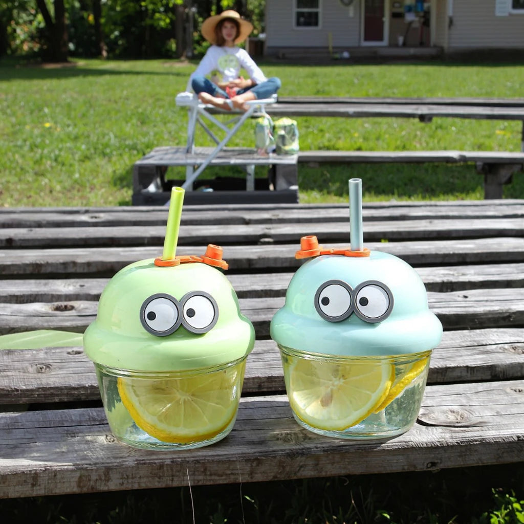 210ml Creative Mini Cute Cartoon Glass Cup with Straw  10cm