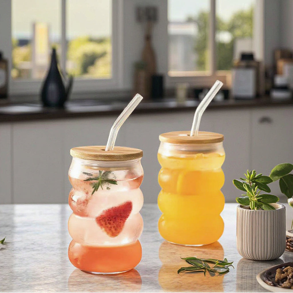 Glass Drinking Ribbed Cup 500ml with Bamboo Lid & Curved Straw 7x15cm