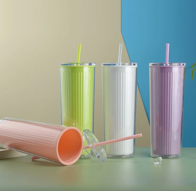 720ml Acrylic Drinking Tumbler Bottle with Lid & Straw 23x9cm