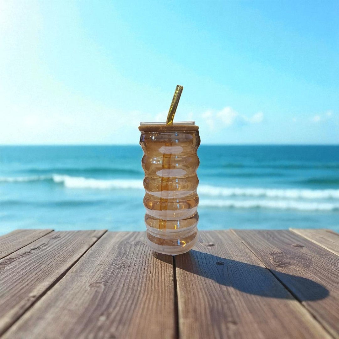 Amber Glass Drinking Ribbed Cup 500ml with Bamboo Lid & Amber Curved Straw 7x15cm