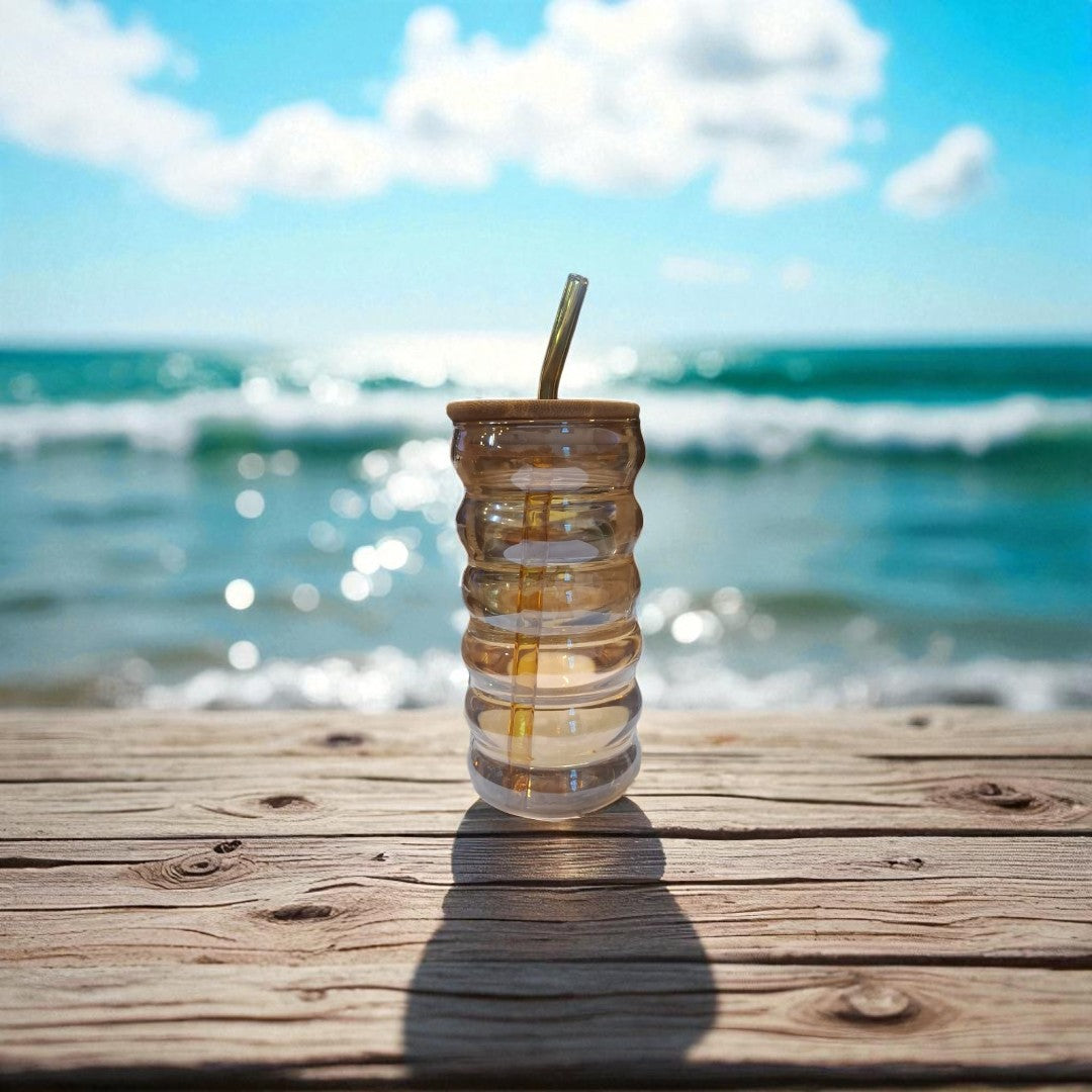 Amber Glass Drinking Ribbed Cup 500ml with Bamboo Lid & Amber Curved Straw 7x15cm