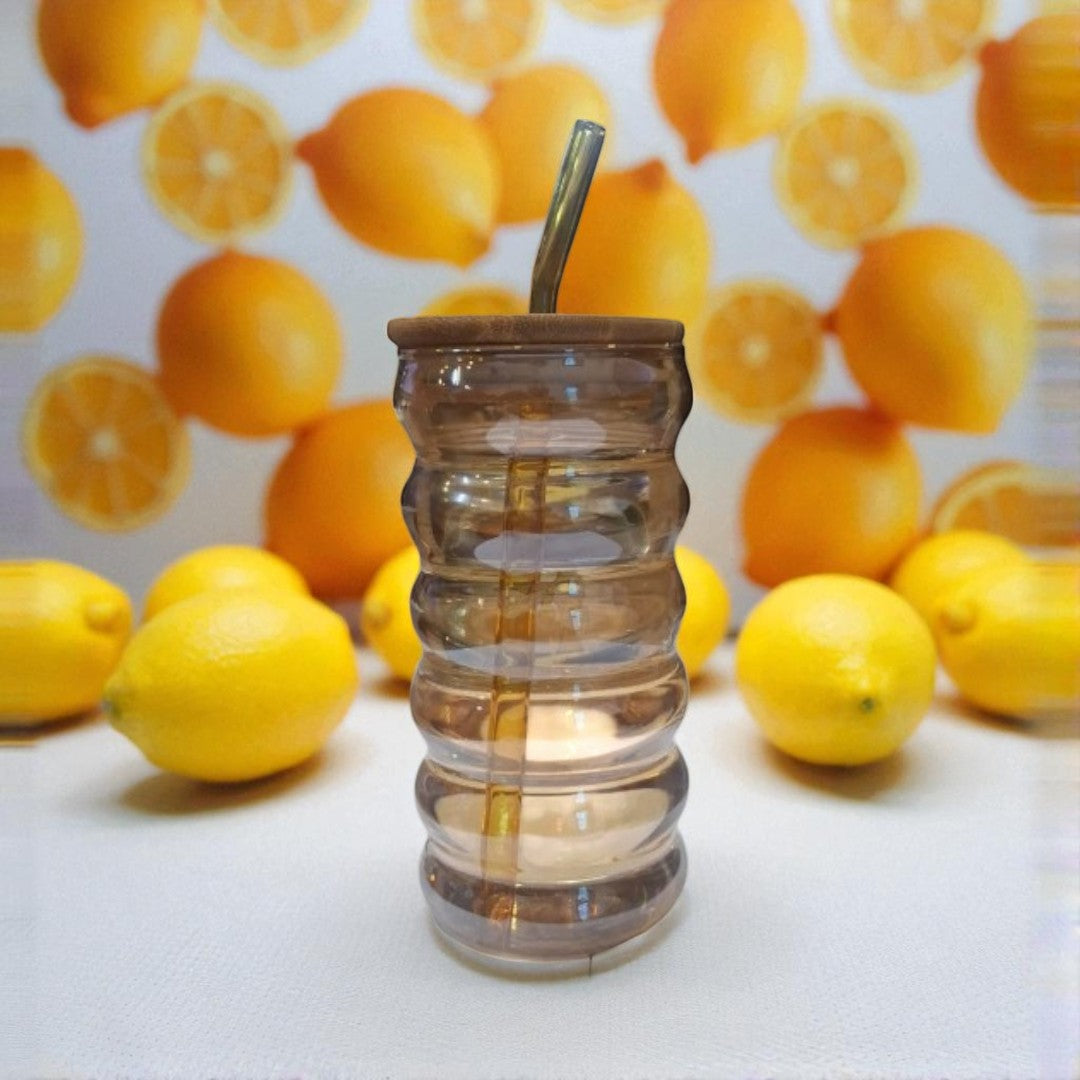 Amber Glass Drinking Ribbed Cup 500ml with Bamboo Lid & Amber Curved Straw 7x15cm