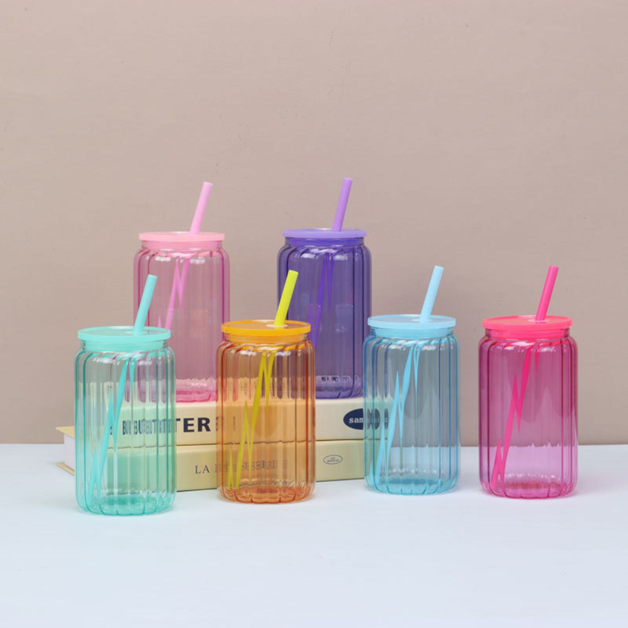 Retro Colored Drinking Glass Can Rippled with Plastic Straw 470ml