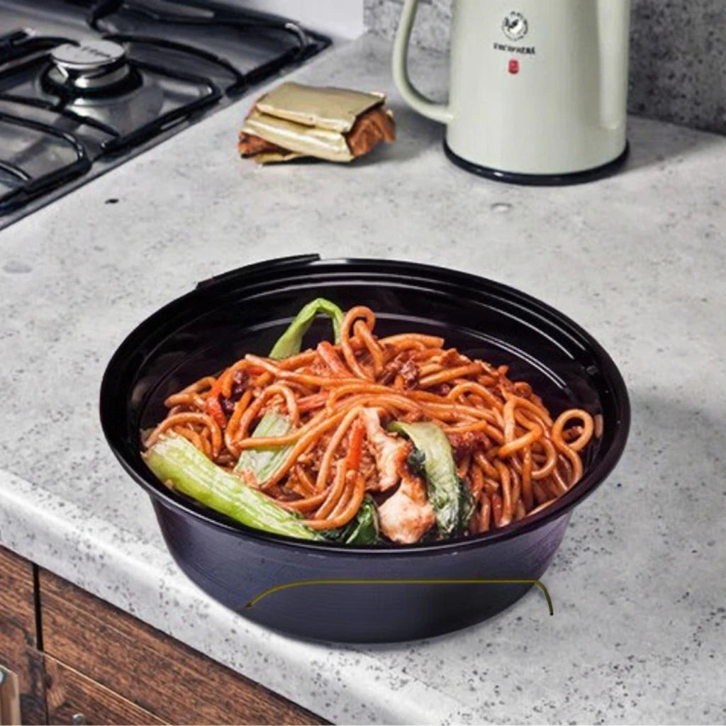 Microwavable Takeaway Food Bowl - Black Base Round PP Plastic Container Lunch Box with Lid 10pack