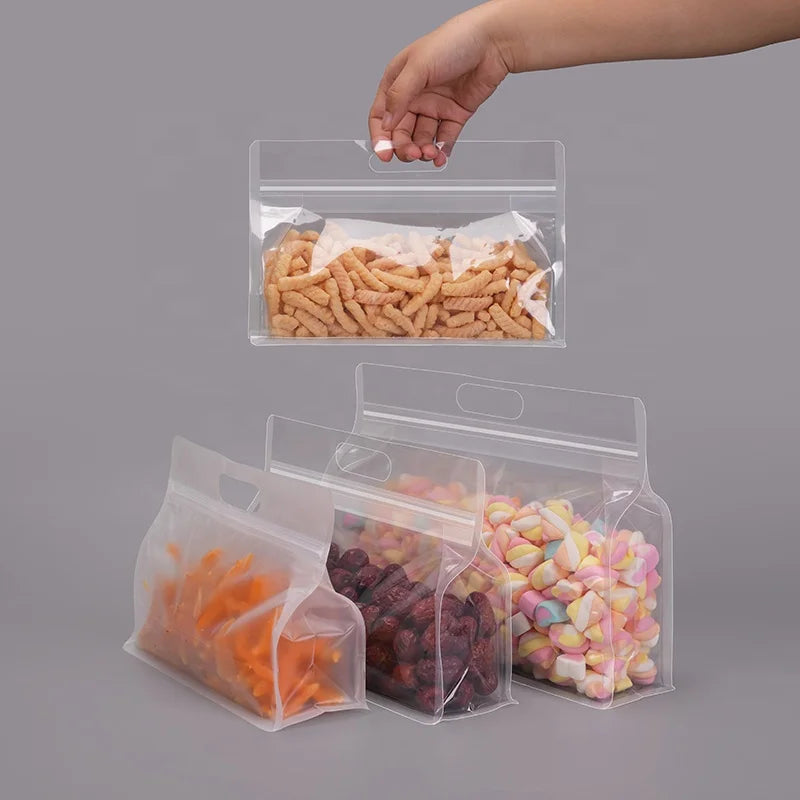 Food Grade Zip Lock Stand-Up Carry Pouch Plastic Bags - Octagon Landscape Transparent with Handle Flat Bottom Gusset 10pack Resealable