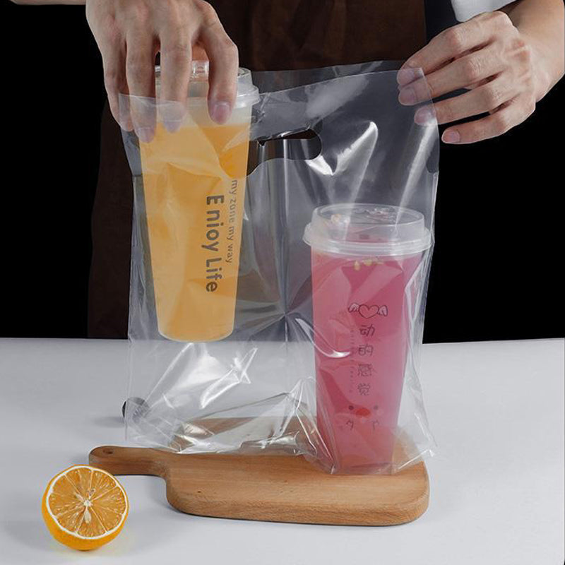 Disposable Bubble Tea-Coffee Plastic Carrier Bag Clear - 12microns 50pcs