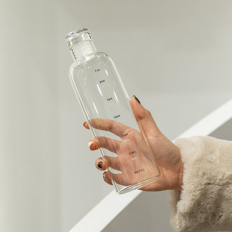 Elegant Time-Scale Sports Water Bottle Borosilicate Glass 550ml - Leak Proof 23x6.5cm