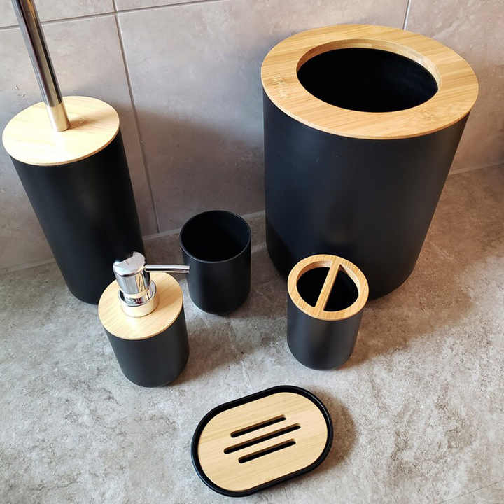 6 Piece Bathroom Accessories Set Luxury Eco Series with Wooden Lid