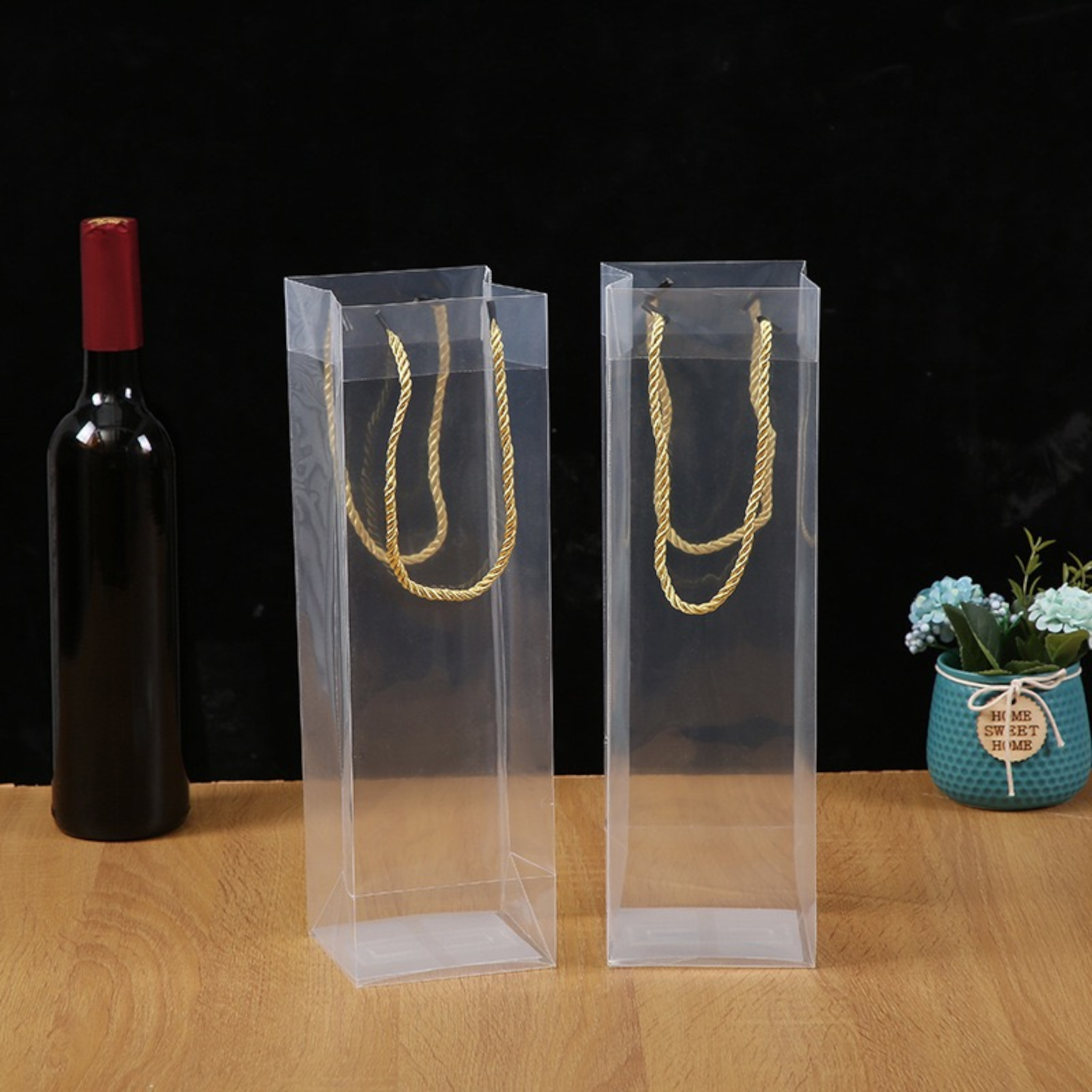 Transparent PVC Bottle Gift Bags with Gold Twisted Rope 33x10x9cm