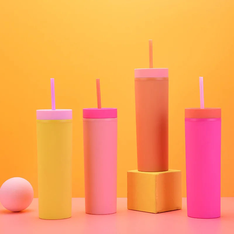 473ml Skinny Drinking Tumbler Acrylic Reusable with Inverted Color Lid and Straw 7x21cm