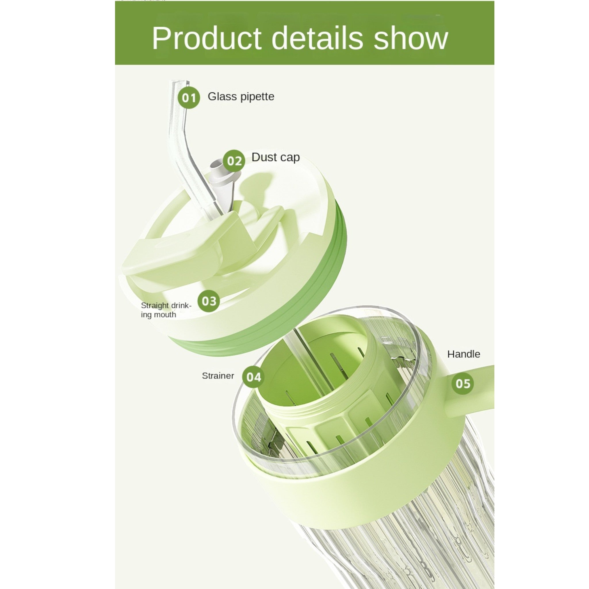 Eco-Friendly Ribbed Glass Coffee and Tea Mug with Strainer & Straw 580ml