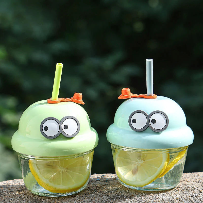 210ml Creative Mini Cute Cartoon Glass Cup with Straw  10cm
