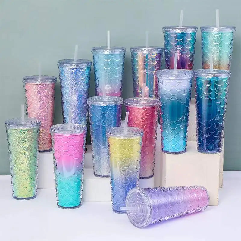 710ml Acrylic Drinking Tumbler Gradient-Coloured Fish Scale Patterned Sippy Cup 23x10.5cm