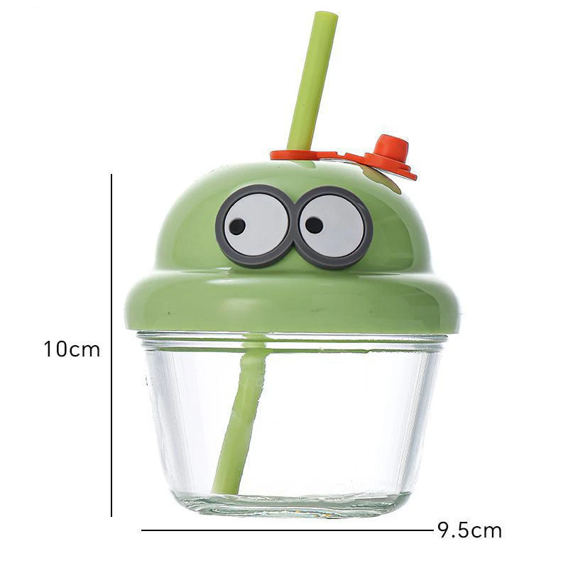 210ml Creative Mini Cute Cartoon Glass Cup with Straw  10cm