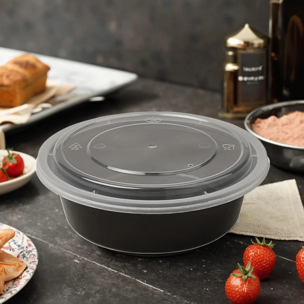 Microwavable Takeaway Food Bowl - Black Base Round PP Plastic Container Lunch Box with Lid 10pack