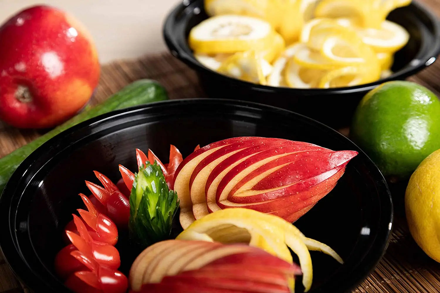 Microwavable Takeaway Food Bowl - Black Base Round PP Plastic Container Lunch Box with Lid 10pack