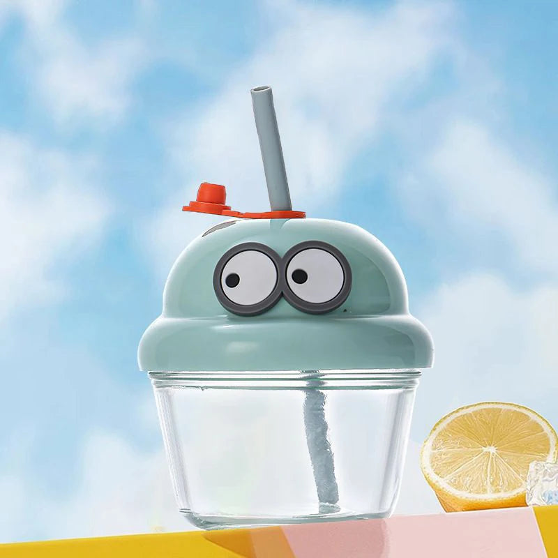 210ml Creative Mini Cute Cartoon Glass Cup with Straw  10cm
