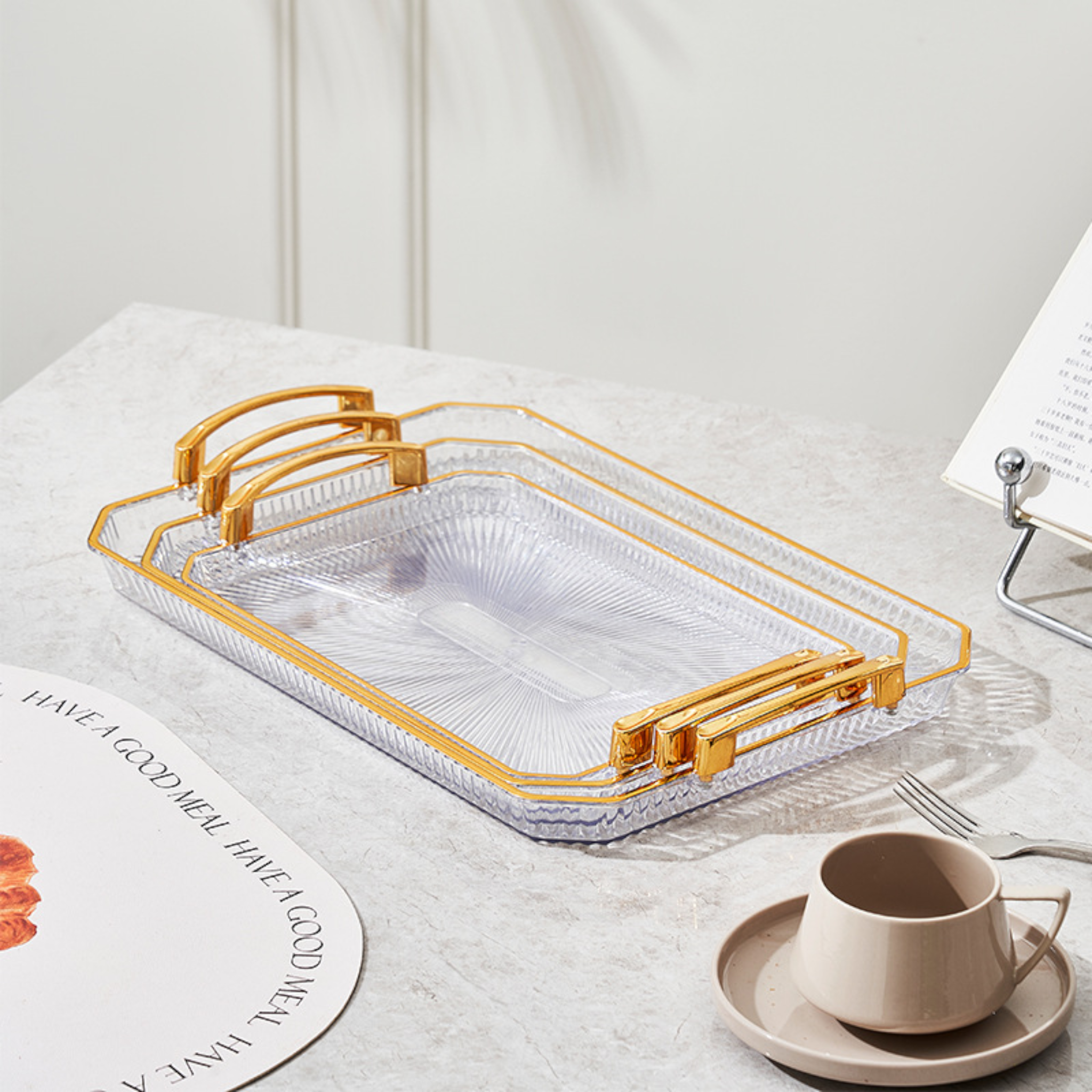 Exquisite Fruit Acrylic Glass Plate with Golden Handles 3pcs