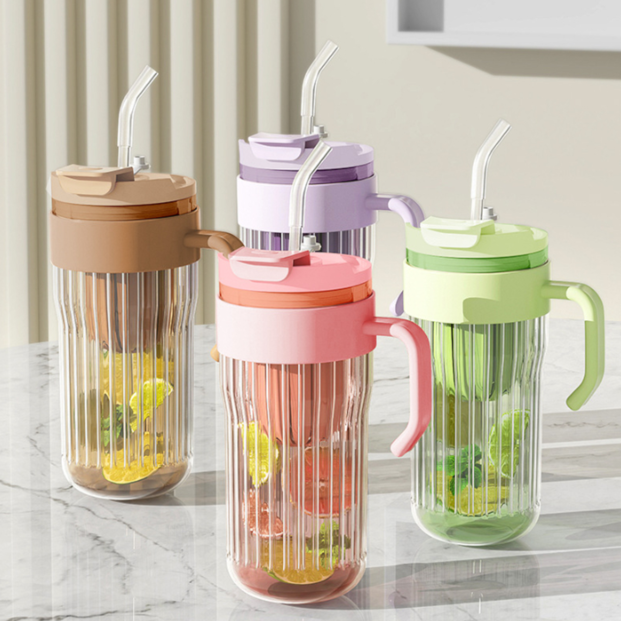 Eco-Friendly Ribbed Glass Coffee and Tea Mug with Strainer & Straw 580ml