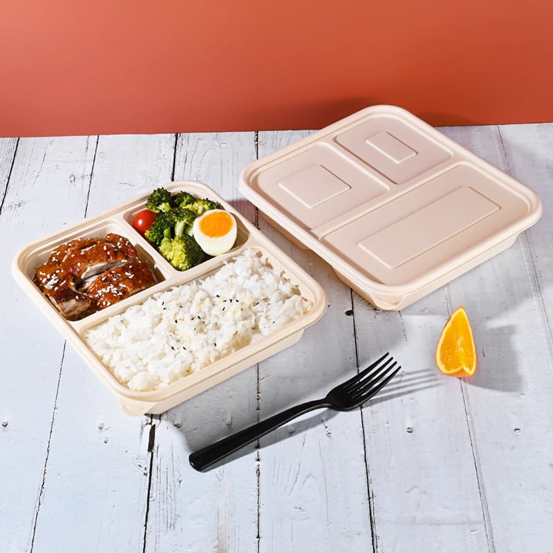 Microwavable Takeaway Lunchbox Food Tray with Lid 3-Division 21.5x18.5cm Biodegradable Eco Friendly 10pack