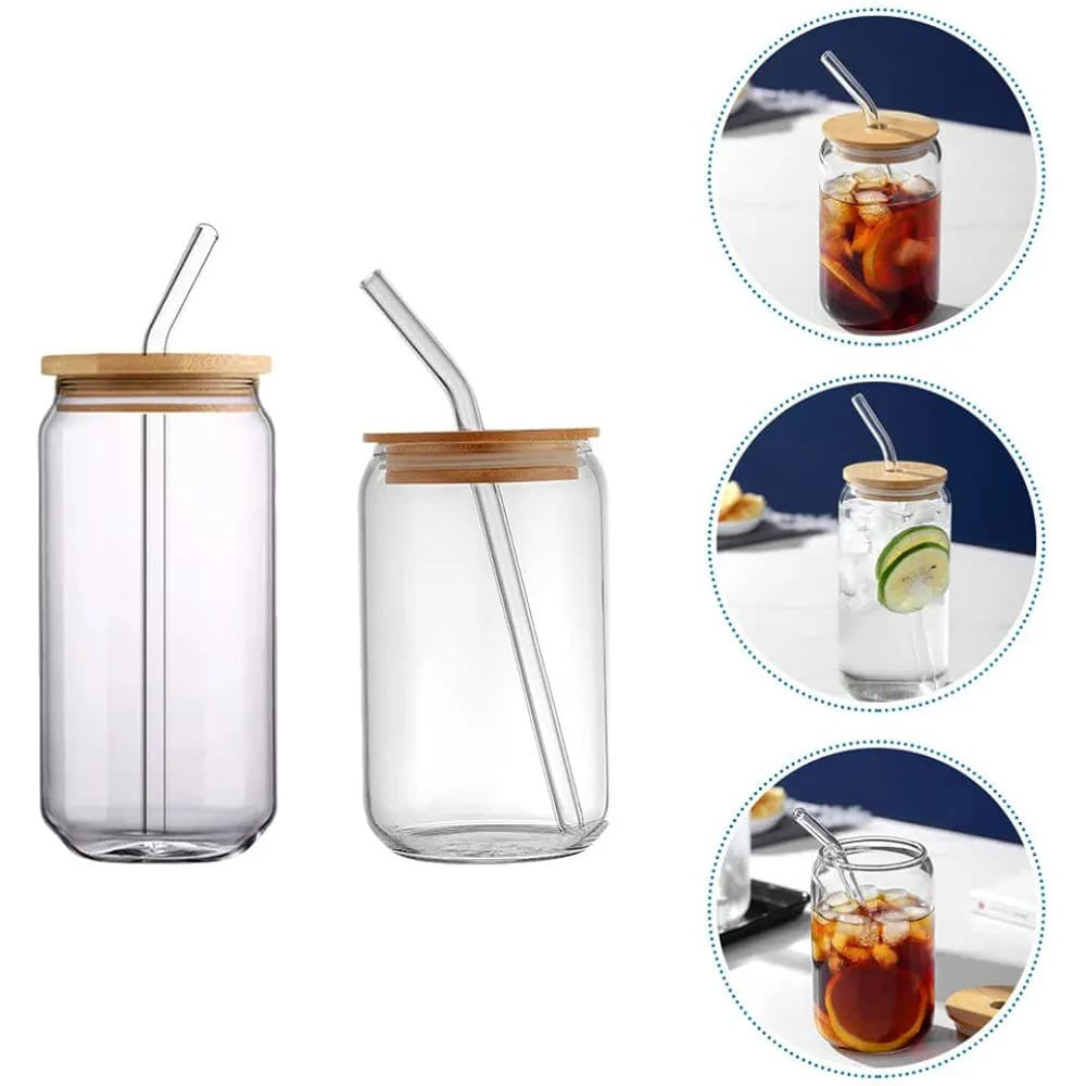 Glass Drinking Can Bottle with Bamboo Lid & Borosilicate Curved Straw