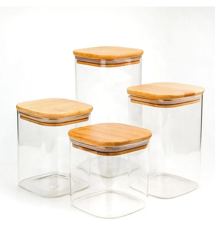 Borosilicate Glass Canister Storage Jar Square with Wooden Lid