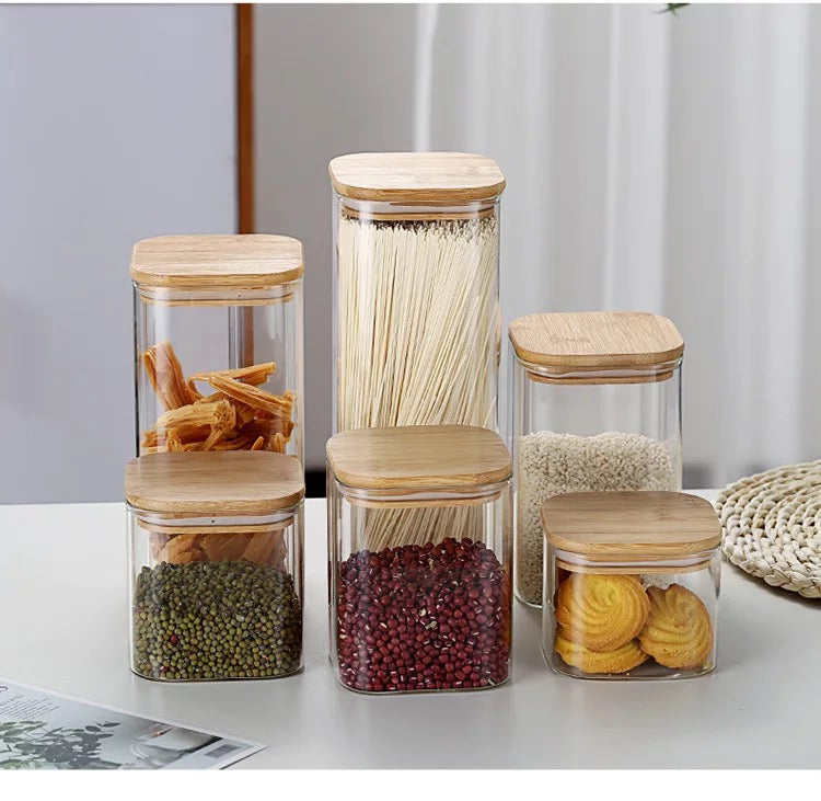 Borosilicate Glass Canister Storage Jar Square with Wooden Lid