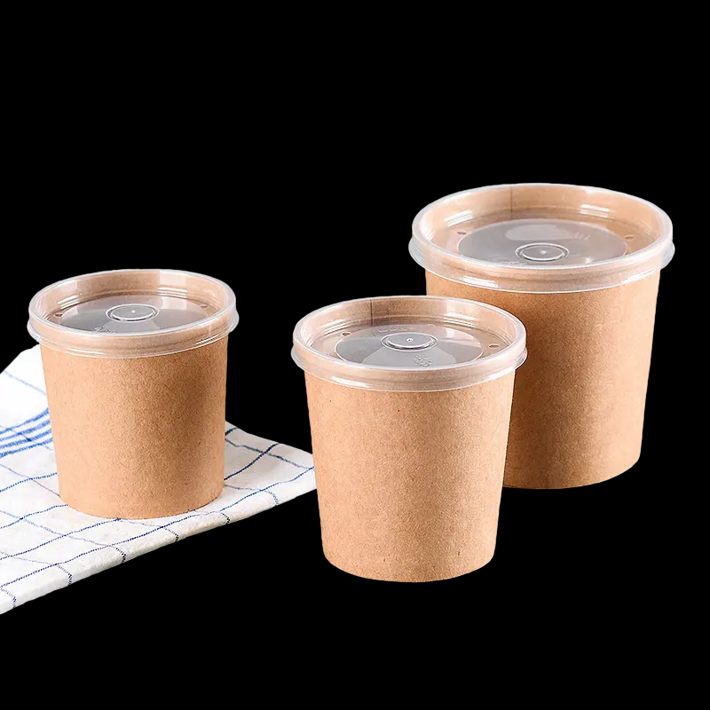 Kraft Paper Food Lunch Soup Bowl Container with Pet Lid 960ml