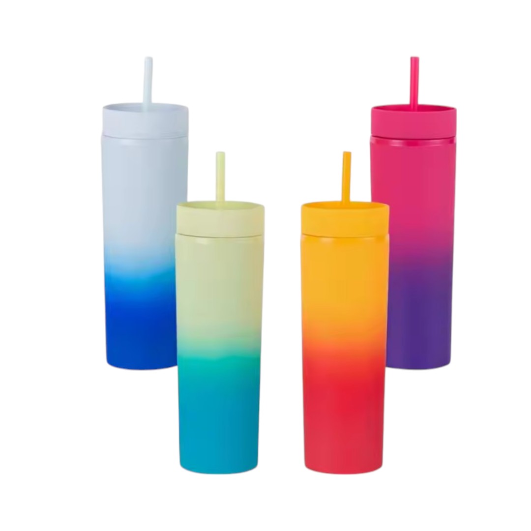 473ml Skinny Drinking Tumbler Pastel 2-Tone Acrylic Bottle Reusable with Lid & Straw 21x7cm