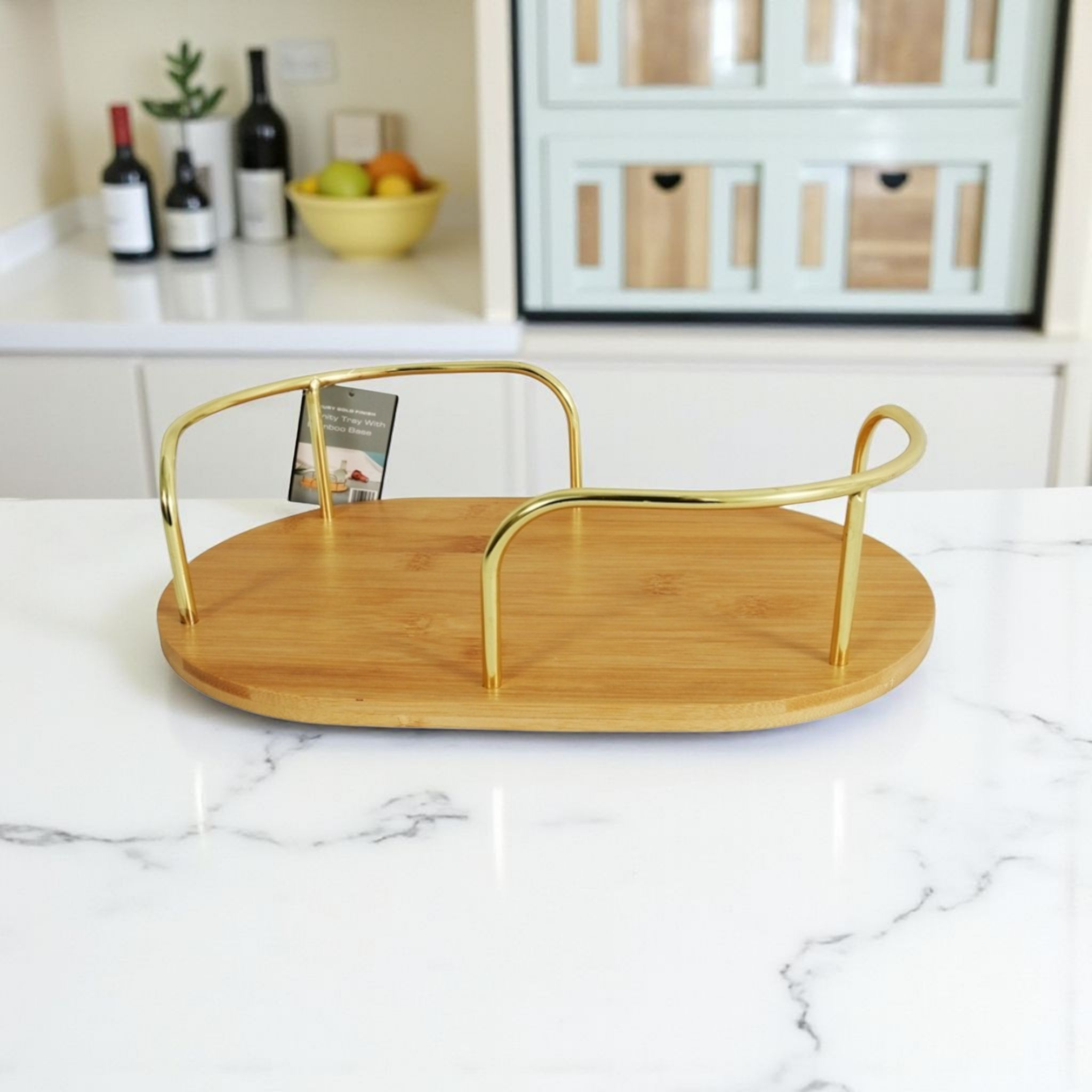 Wooden Oval Serving Tray Gold Plated Handle 10726