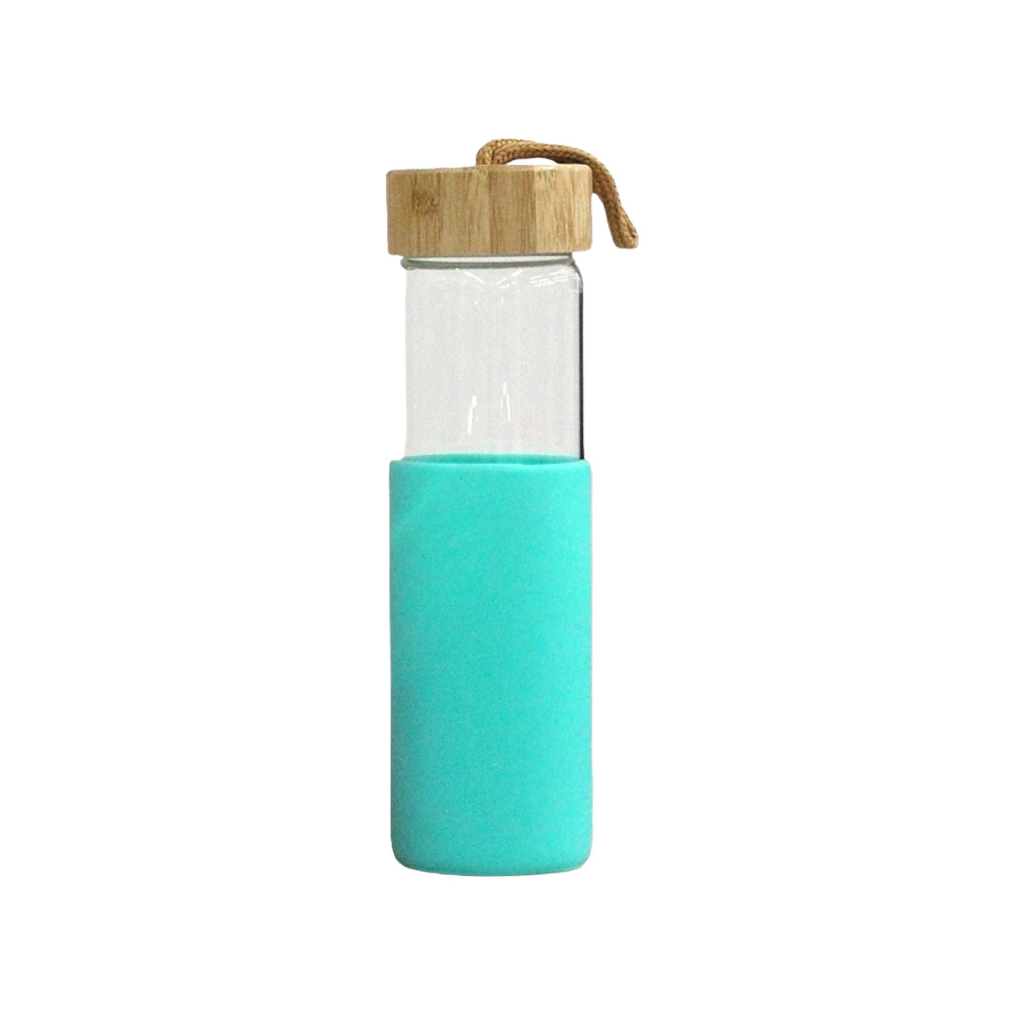 Glass Drinking Bottle 600ml Silicone Grip with Bamboo Lid and String 27134