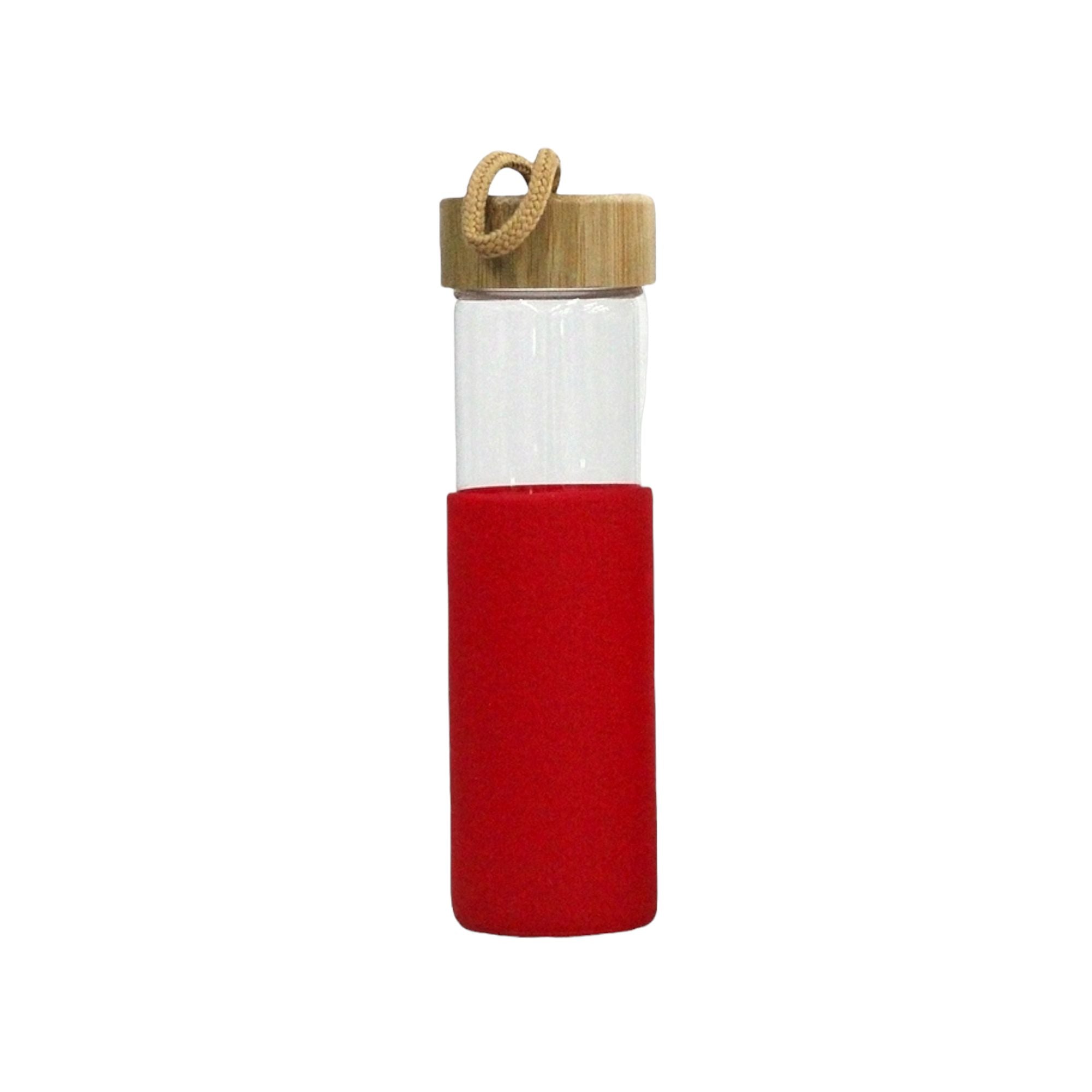 Glass Drinking Bottle 600ml Silicone Grip with Bamboo Lid and String 27134