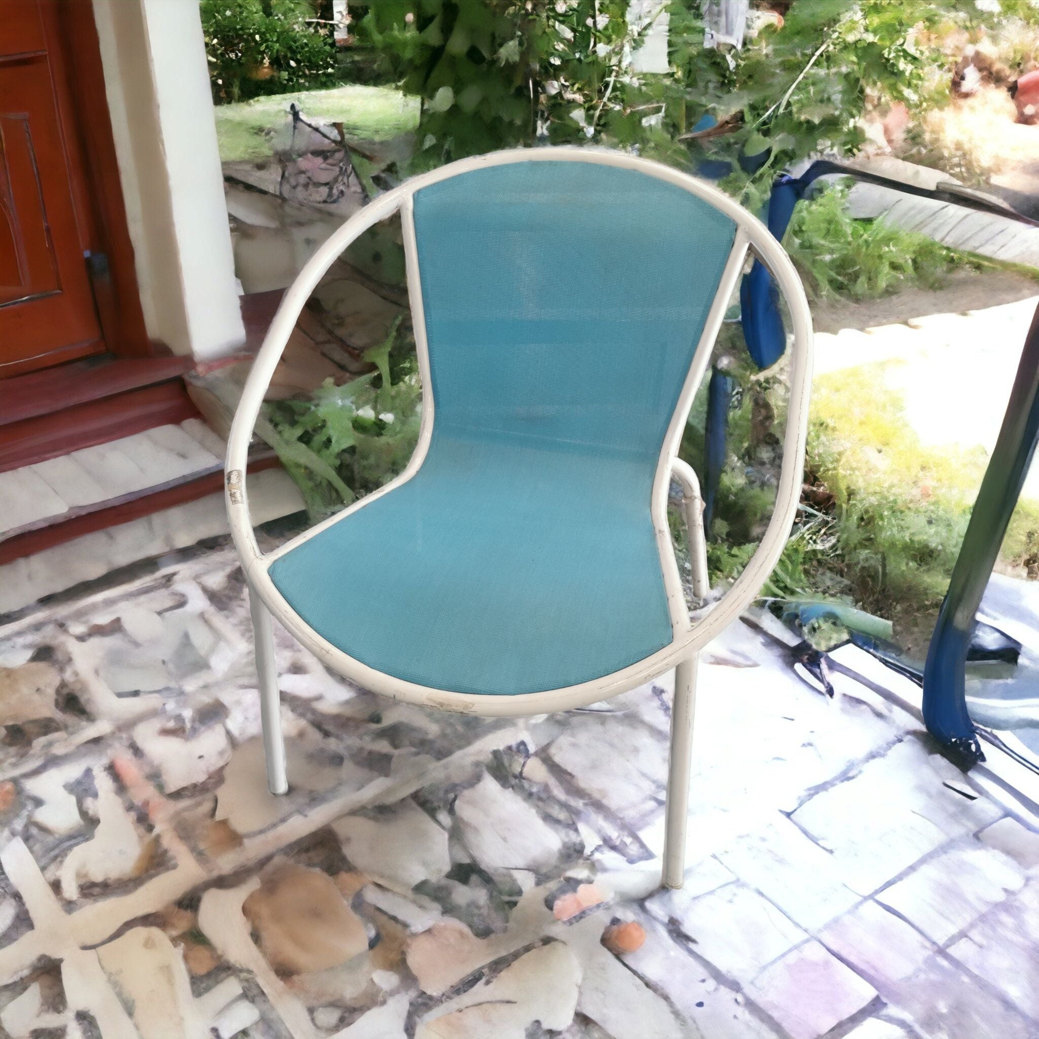 Papasan Patio Chair Baby Blue with White Steel Frame