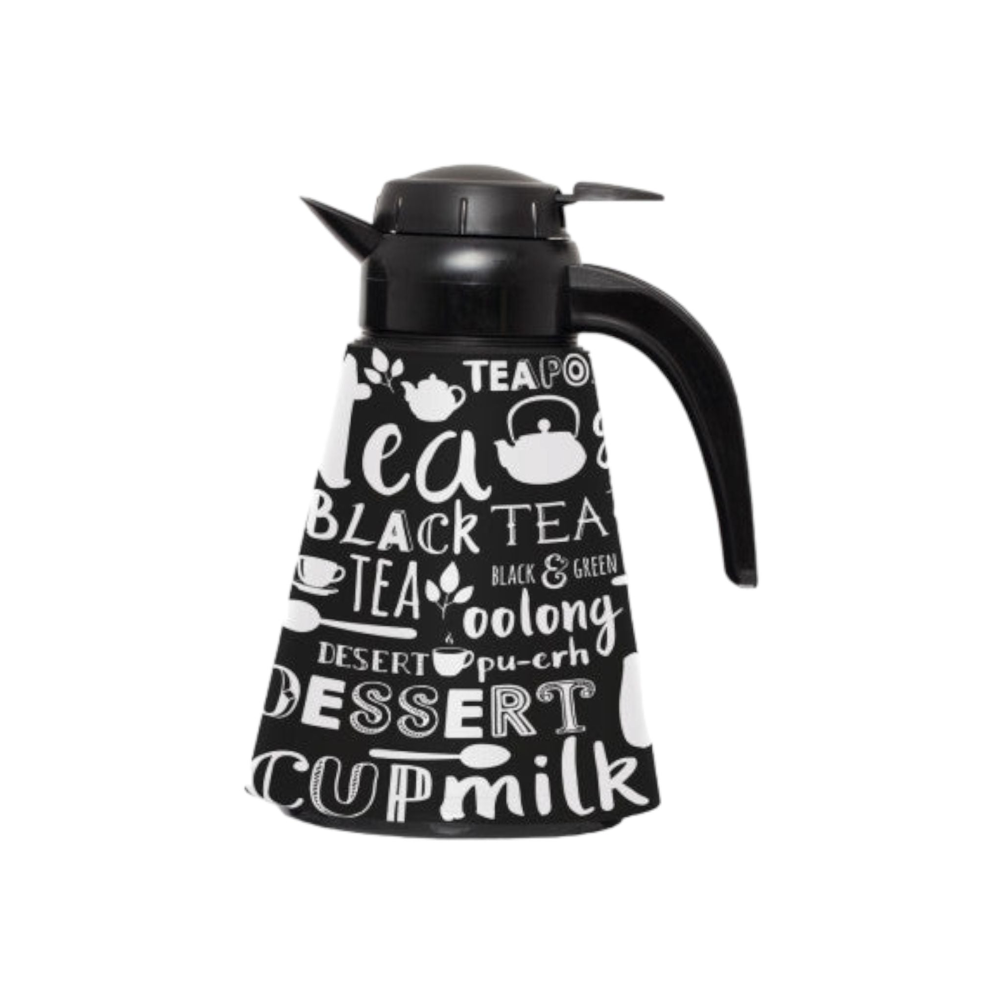 Conical Vacuum Thermal Flask 1.2L Teapot Black Print Decorated