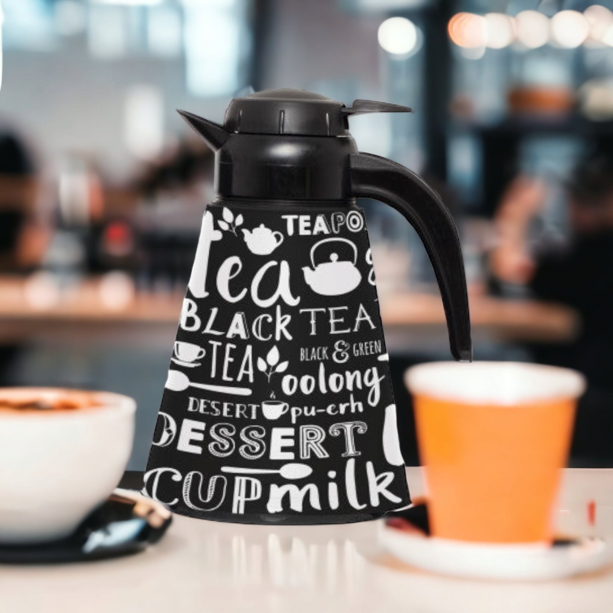 Conical Vacuum Thermal Flask 1.2L Teapot Black Print Decorated