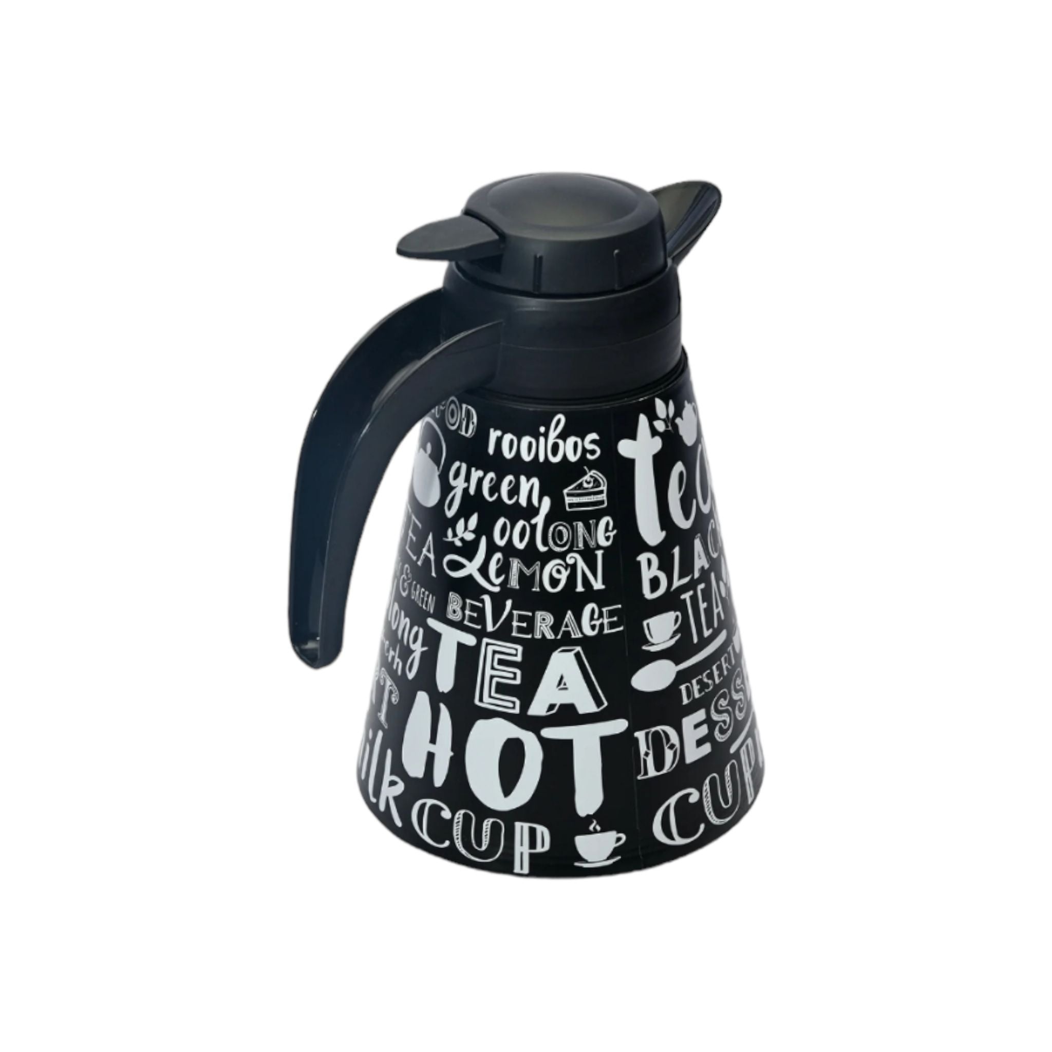 Conical Vacuum Thermal Flask 1.2L Teapot Black Print Decorated