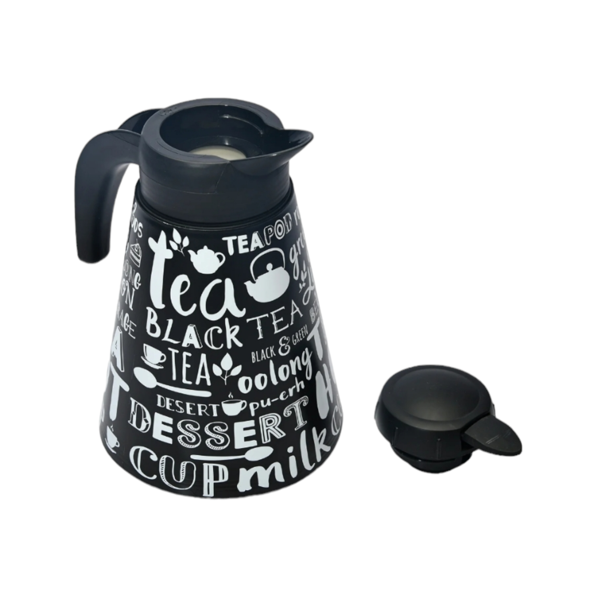Conical Vacuum Thermal Flask 1.2L Teapot Black Print Decorated