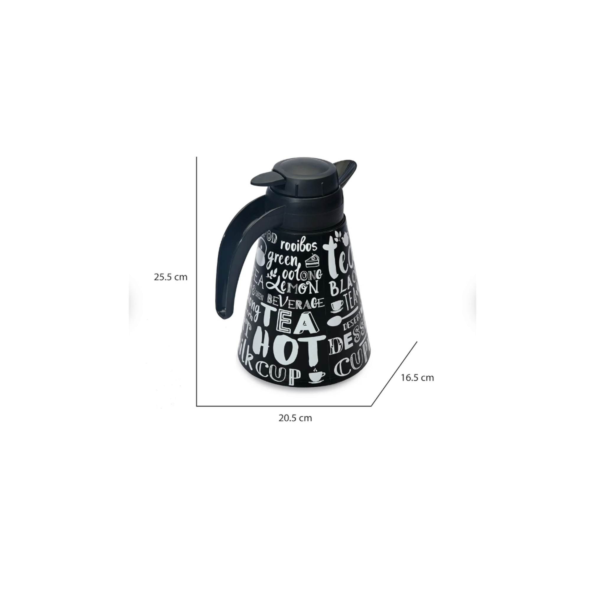 Conical Vacuum Thermal Flask 1.2L Teapot Black Print Decorated