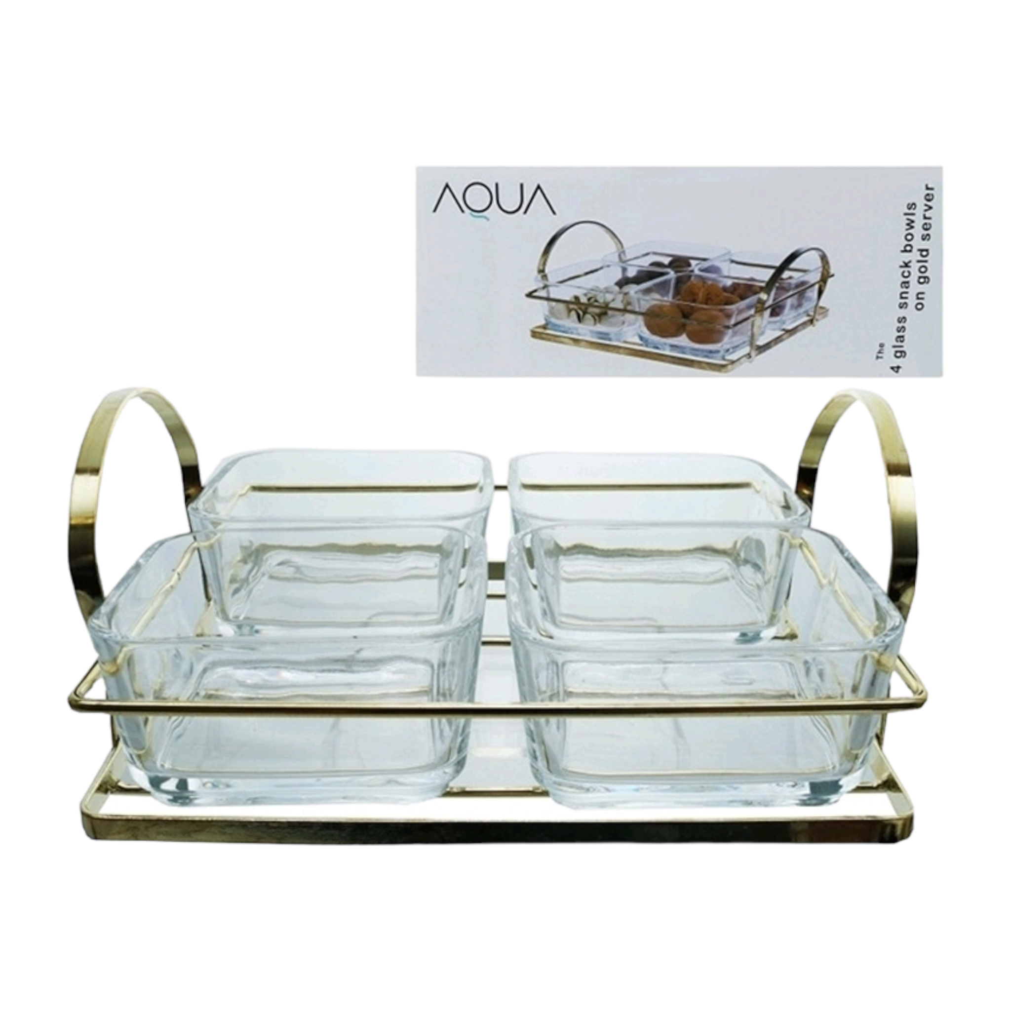 Aqua 4 Piece Glass Snack Bowl Set 250ml with Gold Serving Tray 27602