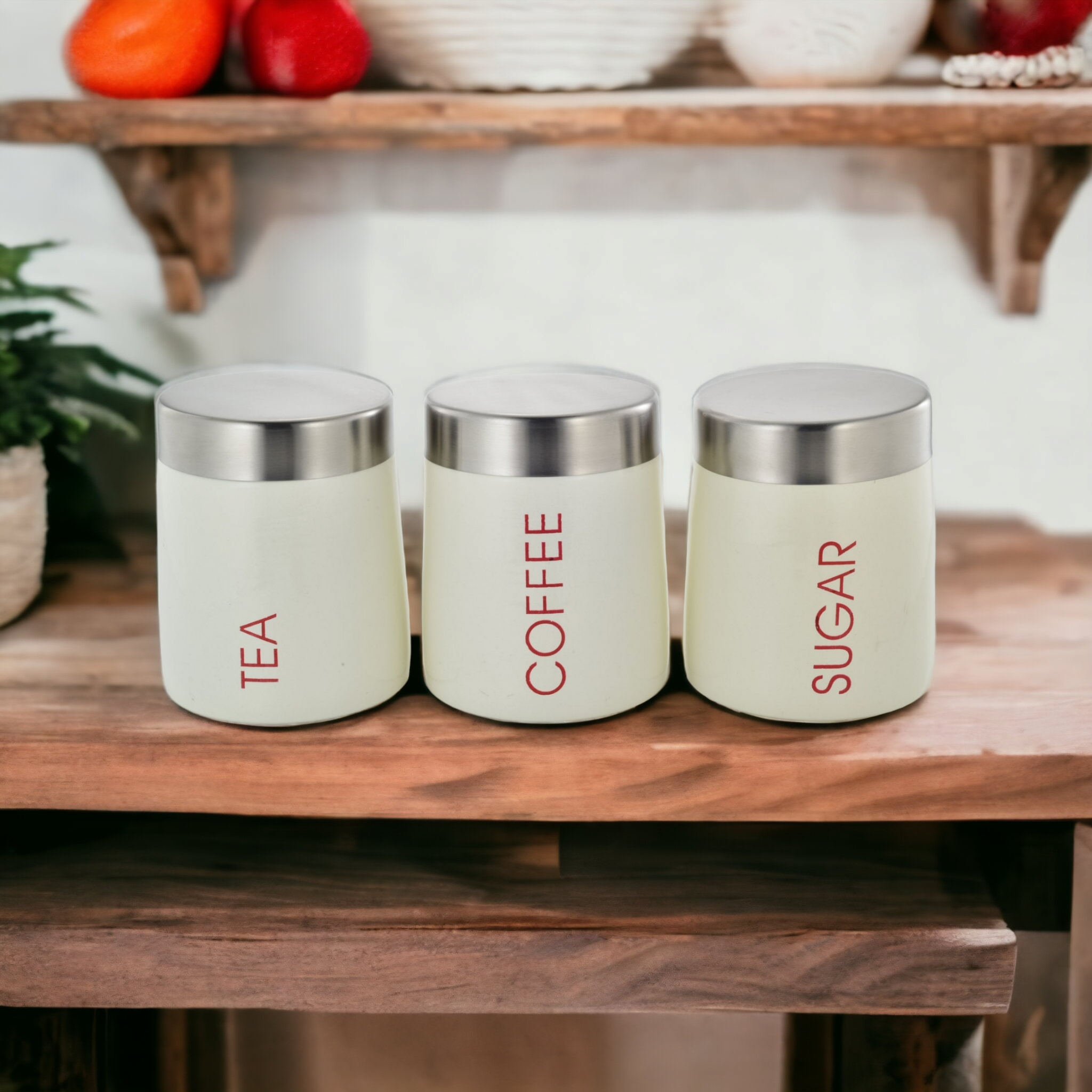 Canister Tea-Coffee-Sugar Conical Shaped Jar Cream with S/S Lid 3pc