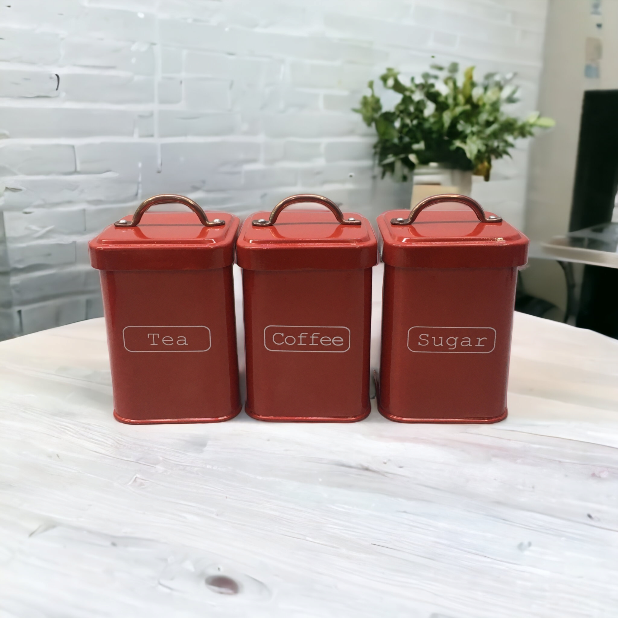 Storage Canister Tin Tea-Coffee-Sugar - Red with Bronze Handle
