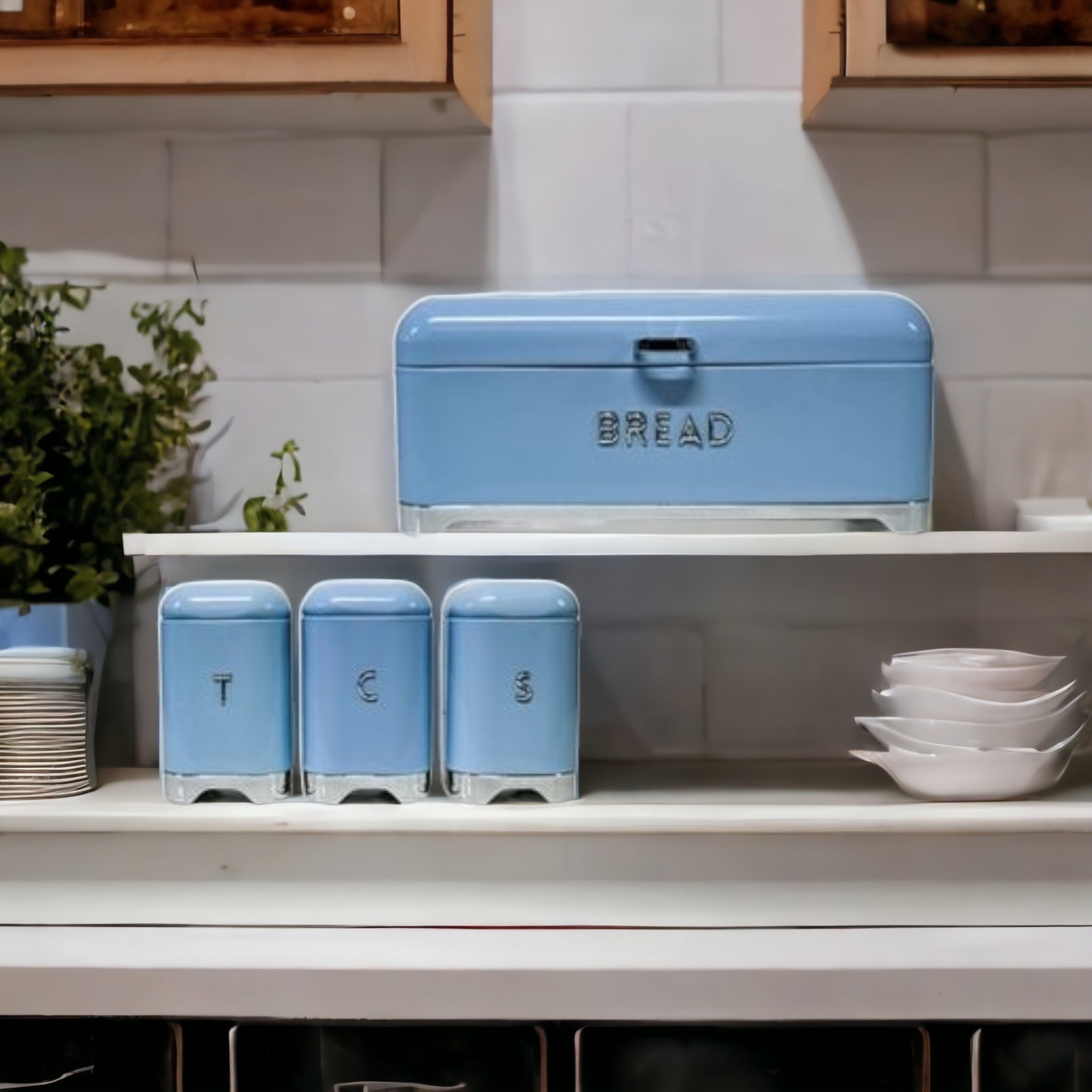Retro Vintage Bread Bin with 3pc Canister Set Baby Blue CH887