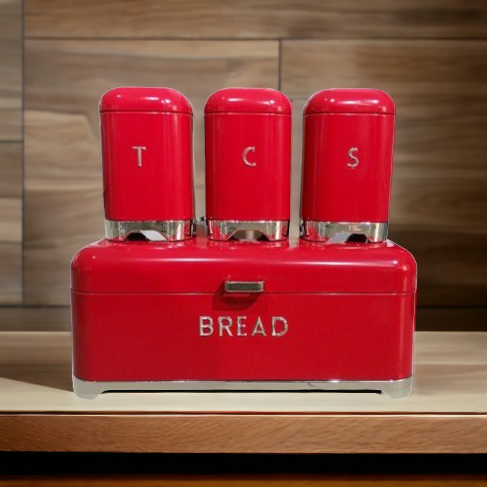 Retro Vintage Bread Bin with 3pc Canister Set Red CH724