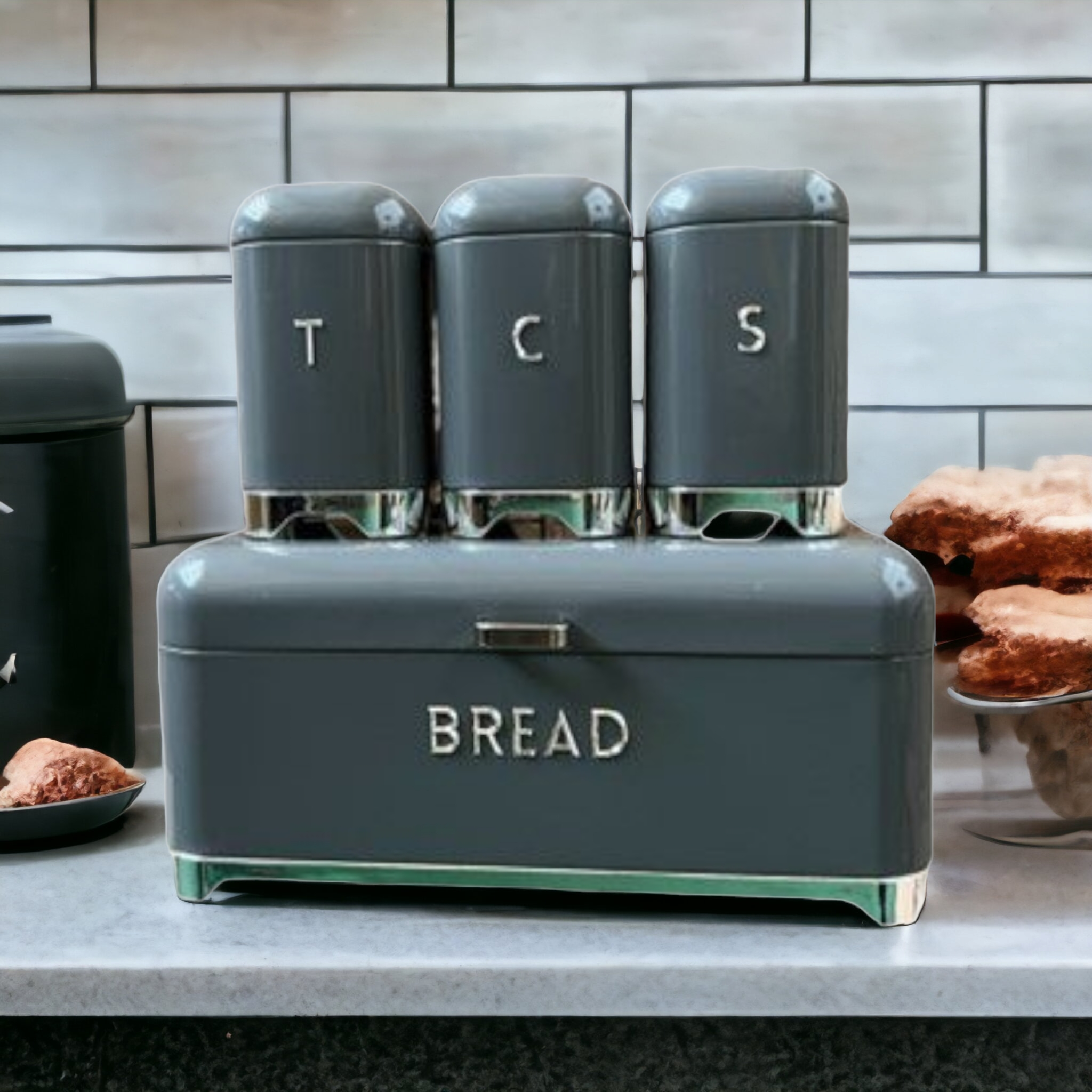 Retro Vintage Bread Bin with 3pc Canister Set Grey CH725