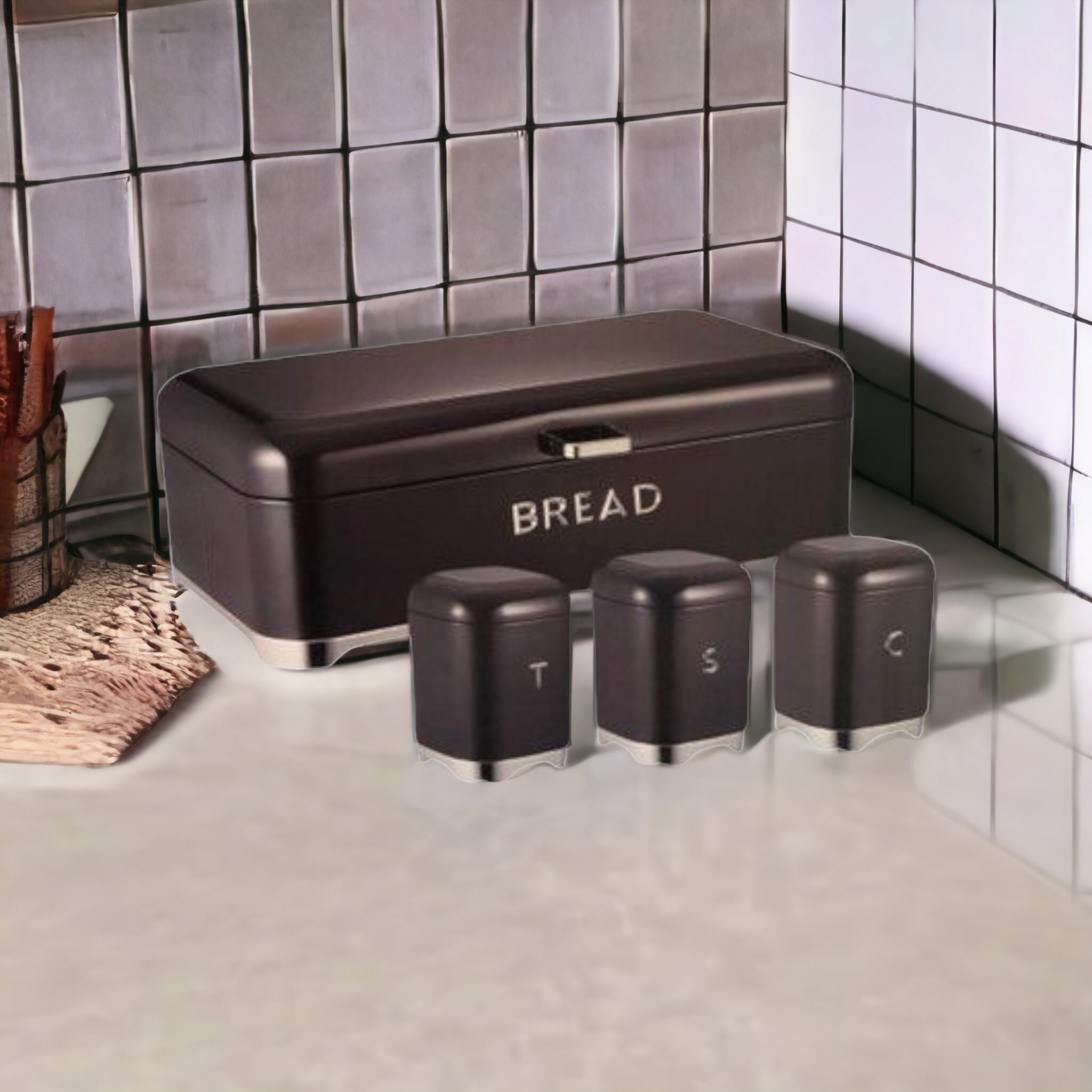 Retro Vintage Bread Bin with 3pc Canister Set Baby Black CH887
