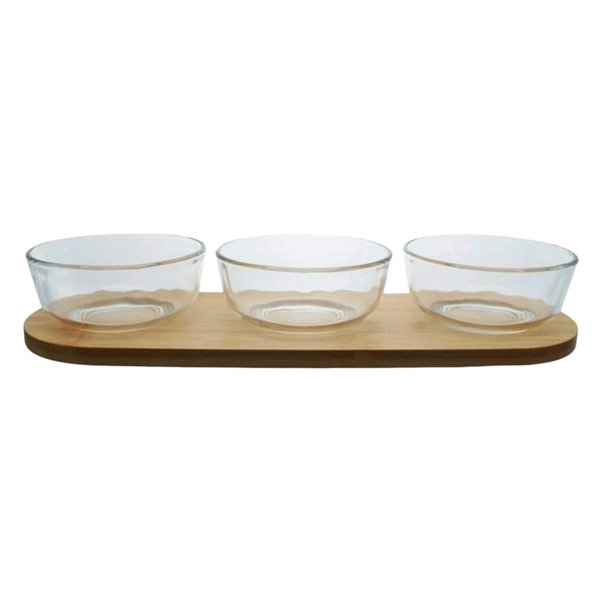 Aqua 3 Piece Glass Snack Bowl Set 260ml on Bamboo Serving Tray 27601